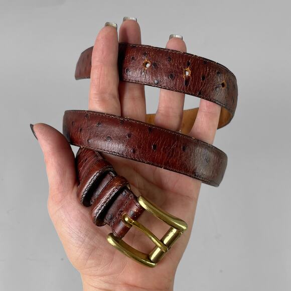 Vintage 80s Norma Kamali Signed Ostrich Belt Genuine Leather Brass Buckle Jeans - Picture 1 of 8